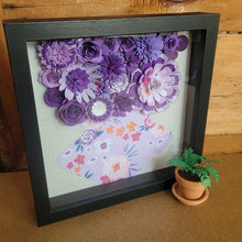 Load image into Gallery viewer, Purple Floral Shadow Box, Handmade Paper Flowers 9x9 Black Shadow Box, Nursery Powder Room Decor, Wall Art