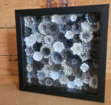 Load image into Gallery viewer, Black and Gray Floral Shadow Box, Handmade Paper Flowers 9x9 Black Shadow Box, Nursery Powder Room Decor, Wall Art
