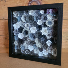 Load image into Gallery viewer, Black and Gray Floral Shadow Box, Handmade Paper Flowers 9x9 Black Shadow Box, Nursery Powder Room Decor, Wall Art
