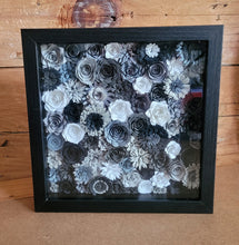 Load image into Gallery viewer, Black and Gray Floral Shadow Box, Handmade Paper Flowers 9x9 Black Shadow Box, Nursery Powder Room Decor, Wall Art