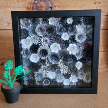 Load image into Gallery viewer, Black and Gray Floral Shadow Box, Handmade Paper Flowers 9x9 Black Shadow Box, Nursery Powder Room Decor, Wall Art