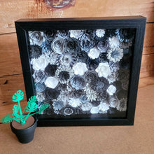 Load image into Gallery viewer, Black and Gray Floral Shadow Box, Handmade Paper Flowers 9x9 Black Shadow Box, Nursery Powder Room Decor, Wall Art