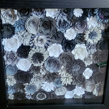 Load image into Gallery viewer, Black and Gray Floral Shadow Box, Handmade Paper Flowers 9x9 Black Shadow Box, Nursery Powder Room Decor, Wall Art