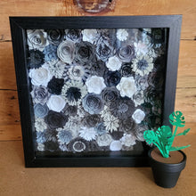 Load image into Gallery viewer, Black and Gray Floral Shadow Box, Handmade Paper Flowers 9x9 Black Shadow Box, Nursery Powder Room Decor, Wall Art