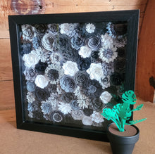 Load image into Gallery viewer, Black and Gray Floral Shadow Box, Handmade Paper Flowers 9x9 Black Shadow Box, Nursery Powder Room Decor, Wall Art