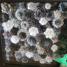 Load image into Gallery viewer, Black and Gray Floral Shadow Box, Handmade Paper Flowers 9x9 Black Shadow Box, Nursery Powder Room Decor, Wall Art
