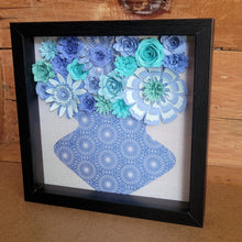 Load image into Gallery viewer, Blue and White Floral Shadow Box, Handmade Paper Flowers 9x9 Black Shadow Box, Nursery Powder Room Decor, Wall Art