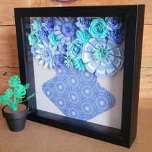 Load image into Gallery viewer, Blue and White Floral Shadow Box, Handmade Paper Flowers 9x9 Black Shadow Box, Nursery Powder Room Decor, Wall Art