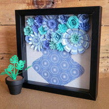 Load image into Gallery viewer, Blue and White Floral Shadow Box, Handmade Paper Flowers 9x9 Black Shadow Box, Nursery Powder Room Decor, Wall Art