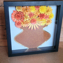 Load image into Gallery viewer, Yellow and Orange Shadow Box, Handmade Paper Flowers 9x9 Black Shadow Box, Nursery Powder Room Decor, Wall Art