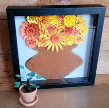 Load image into Gallery viewer, Yellow and Orange Shadow Box, Handmade Paper Flowers 9x9 Black Shadow Box, Nursery Powder Room Decor, Wall Art