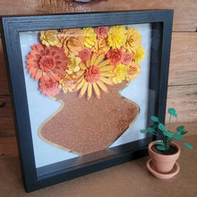 Load image into Gallery viewer, Yellow and Orange Shadow Box, Handmade Paper Flowers 9x9 Black Shadow Box, Nursery Powder Room Decor, Wall Art