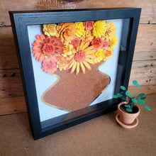 Load image into Gallery viewer, Yellow and Orange Shadow Box, Handmade Paper Flowers 9x9 Black Shadow Box, Nursery Powder Room Decor, Wall Art