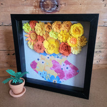 Load image into Gallery viewer, Yellow Floral Shadow Box, Handmade Paper Flowers 9x9 Black Shadow Box, Nursery Powder Room Decor, Wall Art