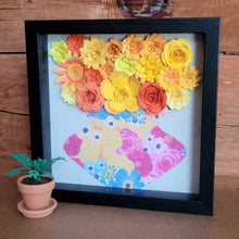 Load image into Gallery viewer, Yellow Floral Shadow Box, Handmade Paper Flowers 9x9 Black Shadow Box, Nursery Powder Room Decor, Wall Art