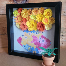 Load image into Gallery viewer, Yellow Floral Shadow Box, Handmade Paper Flowers 9x9 Black Shadow Box, Nursery Powder Room Decor, Wall Art