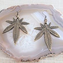 Load image into Gallery viewer, Marijuana Leaf Earrings, Bronze Dangle Drop Earrings