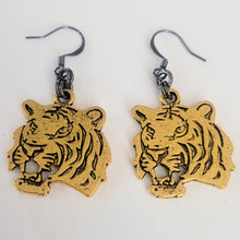 Load image into Gallery viewer, Gold Tiger Earrings,  Dangle Drop Earrings, Machine Cut Stainless Steel Charms