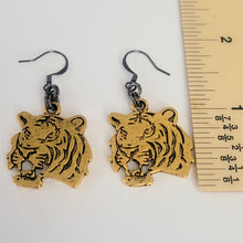 Load image into Gallery viewer, Gold Tiger Earrings,  Dangle Drop Earrings, Machine Cut Stainless Steel Charms