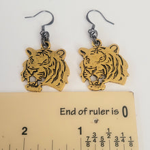 Load image into Gallery viewer, Gold Tiger Earrings,  Dangle Drop Earrings, Machine Cut Stainless Steel Charms