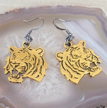 Load image into Gallery viewer, Gold Tiger Earrings,  Dangle Drop Earrings, Machine Cut Stainless Steel Charms