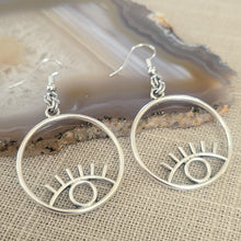 Load image into Gallery viewer, Eye Earrings, Silver Evil Eye Dangle Drop Earrings, Talisman Protection Jewelry