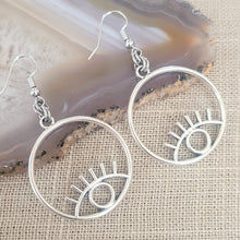 Load image into Gallery viewer, Eye Earrings, Silver Evil Eye Dangle Drop Earrings, Talisman Protection Jewelry