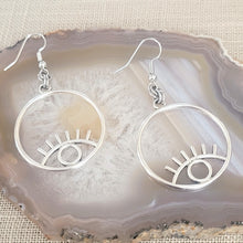 Load image into Gallery viewer, Eye Earrings, Silver Evil Eye Dangle Drop Earrings, Talisman Protection Jewelry