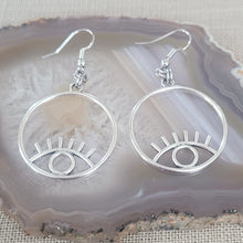 Load image into Gallery viewer, Eye Earrings, Silver Evil Eye Dangle Drop Earrings, Talisman Protection Jewelry