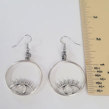Load image into Gallery viewer, Eye Earrings, Silver Evil Eye Dangle Drop Earrings, Talisman Protection Jewelry
