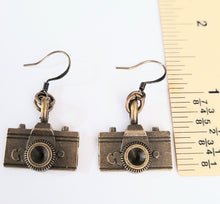 Load image into Gallery viewer, Bronze Camera Earrings, Long Dangle Drop Earrings, Jewelry for Photographers