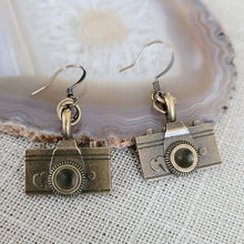 Load image into Gallery viewer, Bronze Camera Earrings, Long Dangle Drop Earrings, Jewelry for Photographers