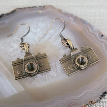 Load image into Gallery viewer, Bronze Camera Earrings, Long Dangle Drop Earrings, Jewelry for Photographers