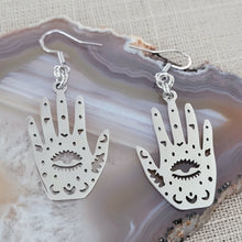 Load image into Gallery viewer, Hamsa Hand Earrings, Evil Eye Talisman, Dangle Drop Earrings, Stainless Steel Charms