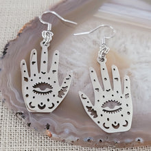 Load image into Gallery viewer, Hamsa Hand Earrings, Evil Eye Talisman, Dangle Drop Earrings, Stainless Steel Charms