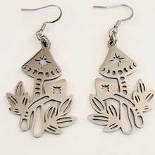 Load image into Gallery viewer, Mushroom Earrings, Dangle Drop Earrings, Stainless Steel Charms, Magic Mushie Phases of the Moon Jewelry