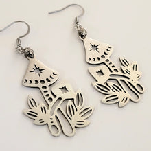 Load image into Gallery viewer, Mushroom Earrings, Dangle Drop Earrings, Stainless Steel Charms, Magic Mushie Phases of the Moon Jewelry