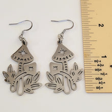 Load image into Gallery viewer, Mushroom Earrings, Dangle Drop Earrings, Stainless Steel Charms, Magic Mushie Phases of the Moon Jewelry