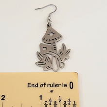 Load image into Gallery viewer, Mushroom Earrings, Dangle Drop Earrings, Stainless Steel Charms, Magic Mushie Phases of the Moon Jewelry
