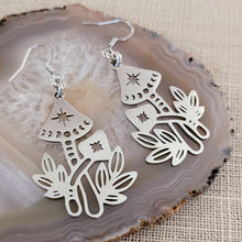Load image into Gallery viewer, Mushroom Earrings, Dangle Drop Earrings, Stainless Steel Charms, Magic Mushie Phases of the Moon Jewelry