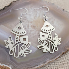 Load image into Gallery viewer, Mushroom Earrings, Dangle Drop Earrings, Stainless Steel Charms, Magic Mushie Phases of the Moon Jewelry