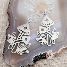 Load image into Gallery viewer, Mushroom Earrings, Dangle Drop Earrings, Stainless Steel Charms, Magic Mushie Phases of the Moon Jewelry