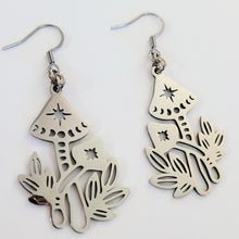 Load image into Gallery viewer, Mushroom Earrings, Dangle Drop Earrings, Stainless Steel Charms, Magic Mushie Phases of the Moon Jewelry