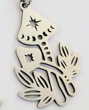 Load image into Gallery viewer, Mushroom Earrings, Dangle Drop Earrings, Stainless Steel Charms, Magic Mushie Phases of the Moon Jewelry