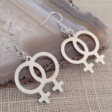 Load image into Gallery viewer, Lesbian Earrings, Sapphic Dangle Drop Earrings, Machine Cut Stainless Steel Charms