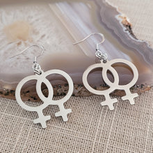 Load image into Gallery viewer, Lesbian Earrings, Sapphic Dangle Drop Earrings, Machine Cut Stainless Steel Charms