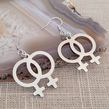 Load image into Gallery viewer, Lesbian Earrings, Sapphic Dangle Drop Earrings, Machine Cut Stainless Steel Charms
