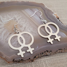 Load image into Gallery viewer, Lesbian Earrings, Sapphic Dangle Drop Earrings, Machine Cut Stainless Steel Charms