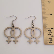 Load image into Gallery viewer, Lesbian Earrings, Sapphic Dangle Drop Earrings, Machine Cut Stainless Steel Charms