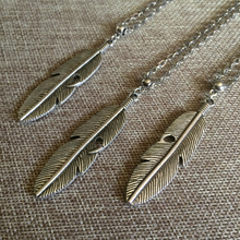 Load image into Gallery viewer, Feather Necklace, Mens Jewelry on Silver Cable Chain, Bohemian Layering Jewelry